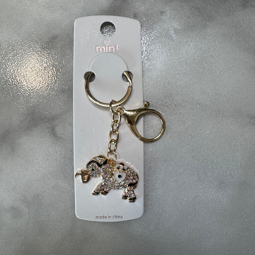 Mint Elephant Keychain Gold Rhinestone Bag Charm Purse Accessory